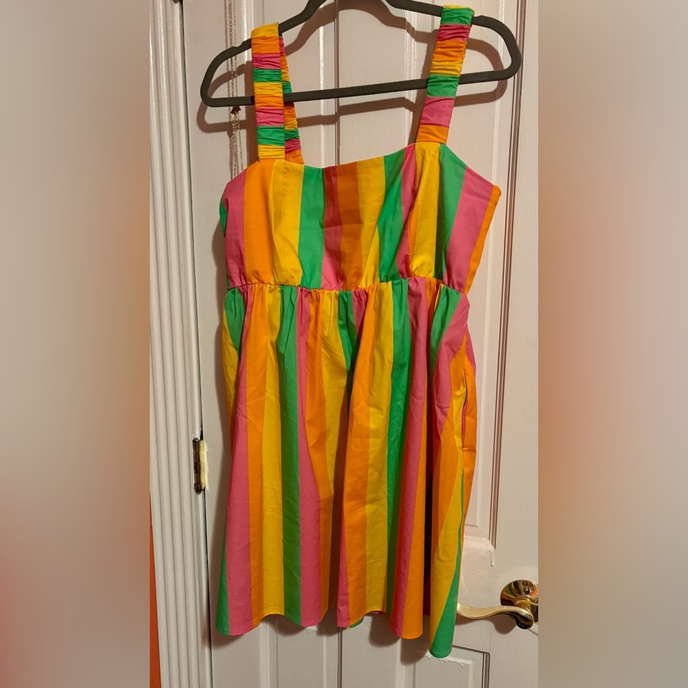 Bright Multi-Stripe Mini Dress - Square Neck, Sleeveless - Picture 3 of 7
